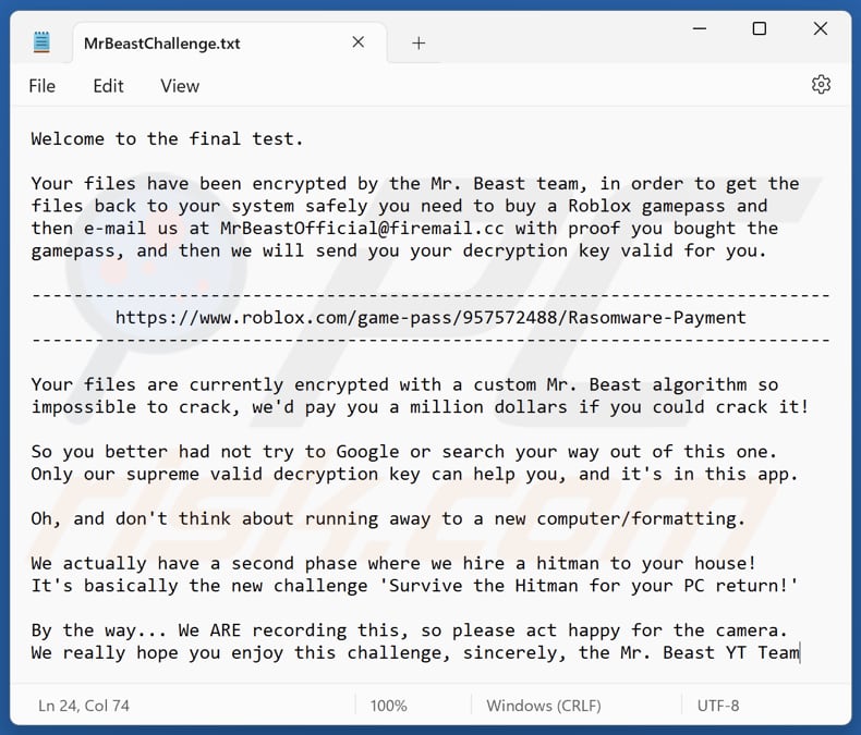 MrBeast file di testo ransomware (MrBeastChallenge.txt)