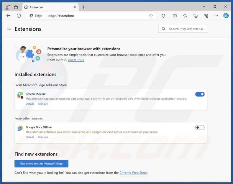 ResearchSecure PUA estensione del browser installata (Edge)