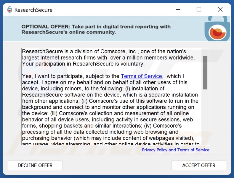 ResearchSecure PUA impostazione dell'installazione