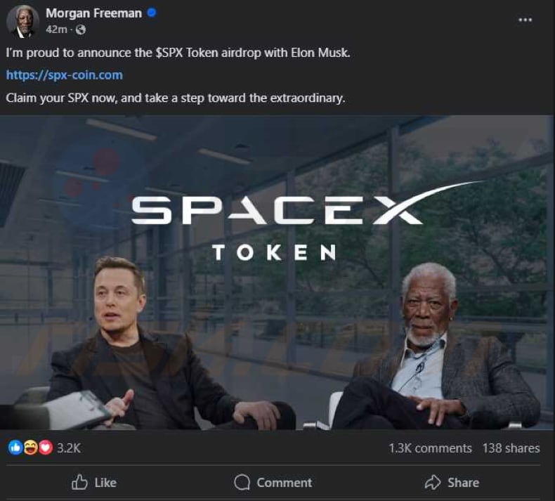 $SpaceX Coin Airdrop profilo rubato di Morgan Freeman che promuove la truffa