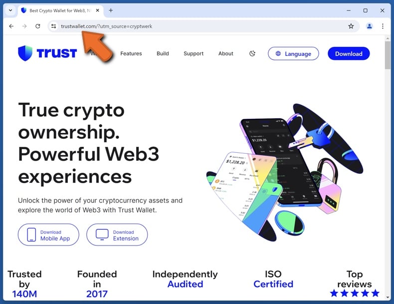 Aspetto del vero sito web di Trust Wallet (trustwallet.com)