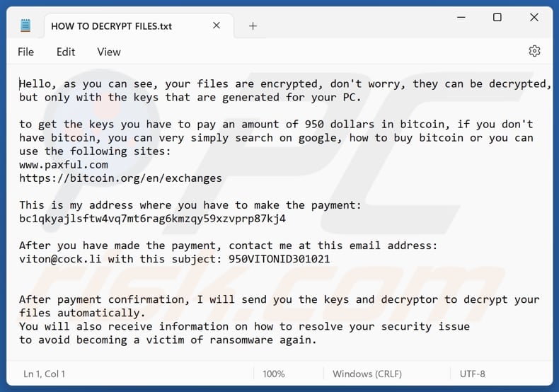 ViT ransomware file di testo (HOW TO DECRYPT FILES.txt)