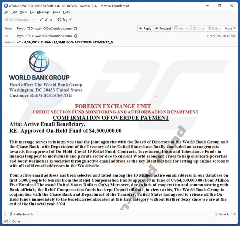 World Bank Group - Overdue Payment campagna di spam via e-mail