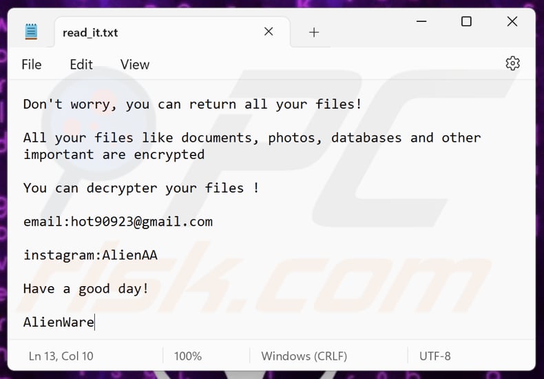 AlienWare ransomware file di testo (read_it.txt)