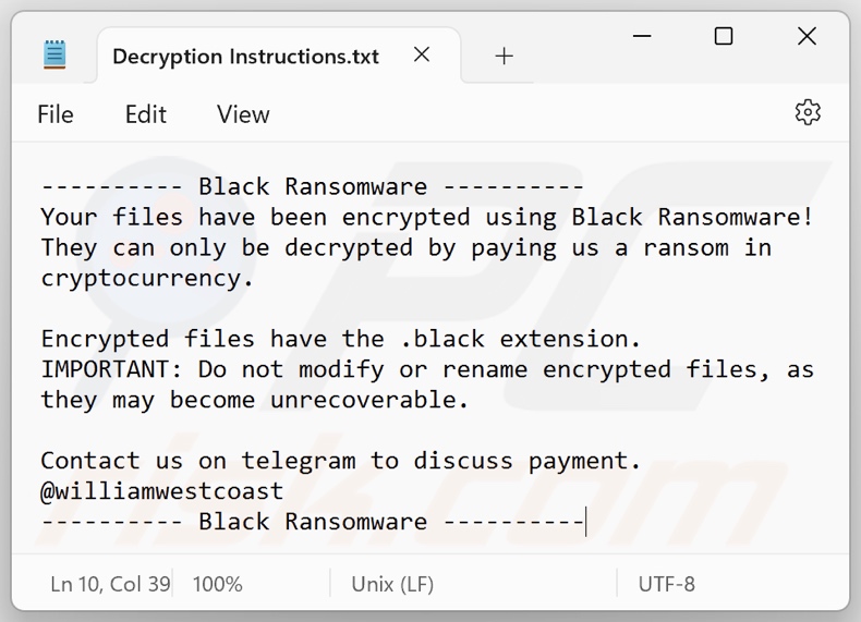 Black (Prince) ransomware nota di riscatto (Decryption Instructions.txt)