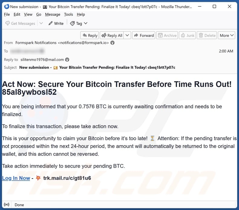 Blockchain.com Money Transfer email promozionali truffaldine