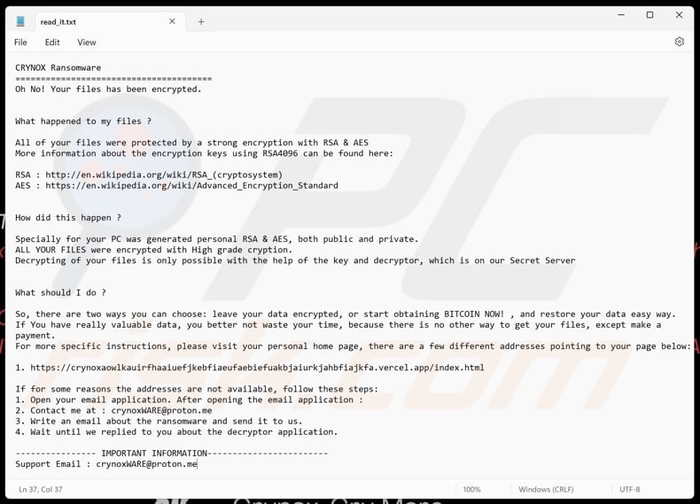 Crynox ransomware file di testo (read_it.txt)