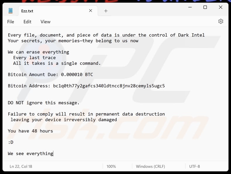 Dark Intel ransomware file di testo (Ezz.txt)