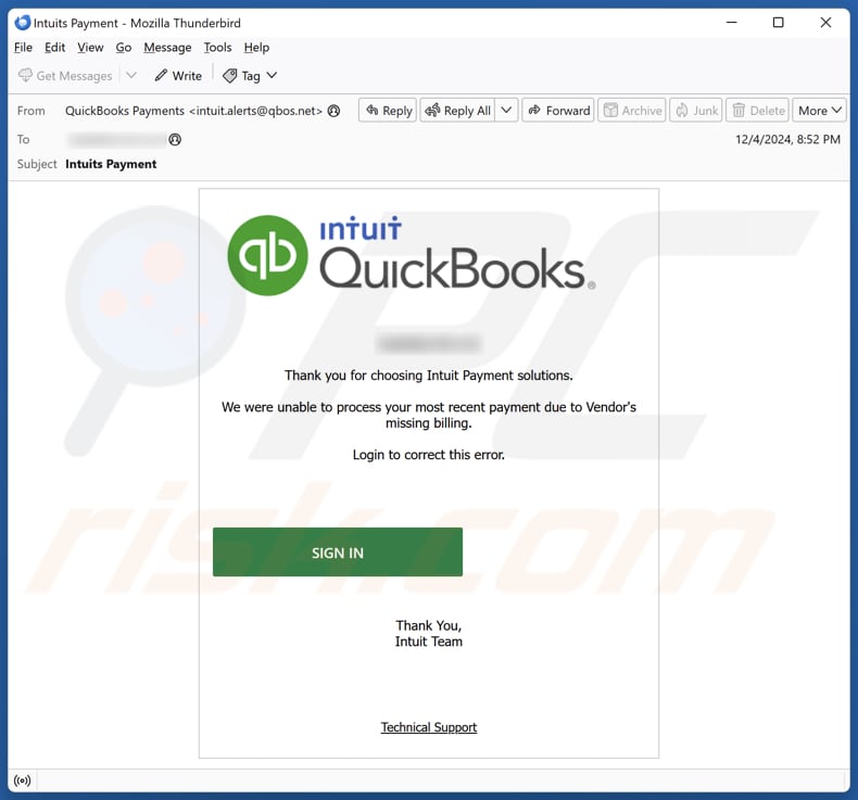 Intuit QuickBooks - Unable To Process Payment campagna di spam via e-mail