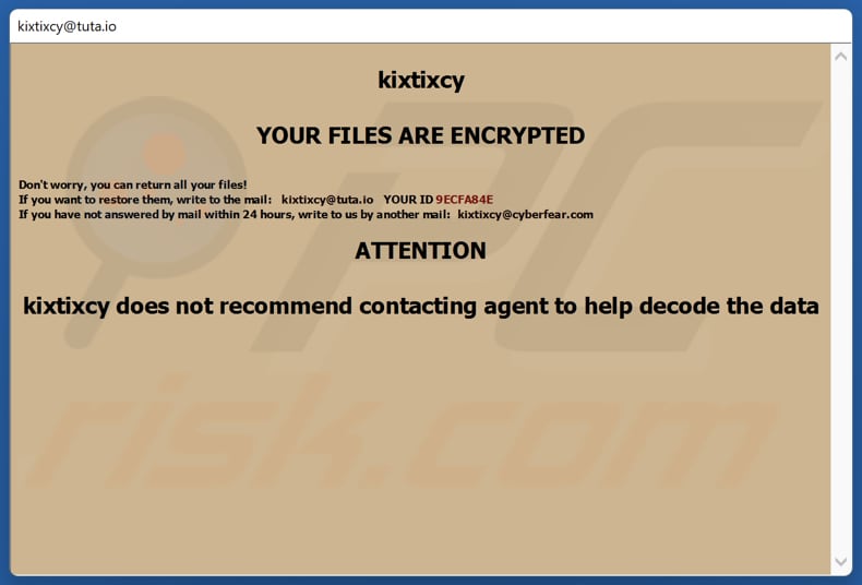 Kixtixcy ransomware finestra pop-up nota di riscatto