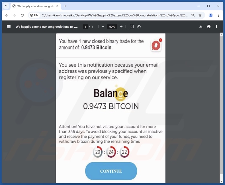 Nadex - Bitcoin Balance truffa che promuove l'allegato di un'e-mail di spam