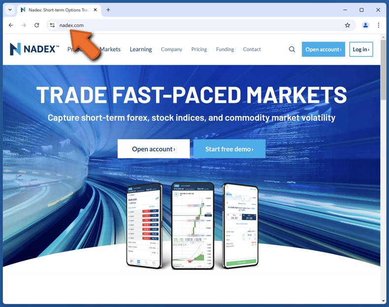 Aspetto del vero sito web di Nadex (nadex.com)