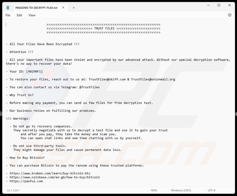 TRUST FILES ransomware file di testo (#README-TO-DECRYPT-FILES.txt)