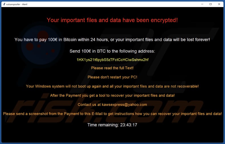 Vulcan ransomware nota di riscatto (pop-up finestra)