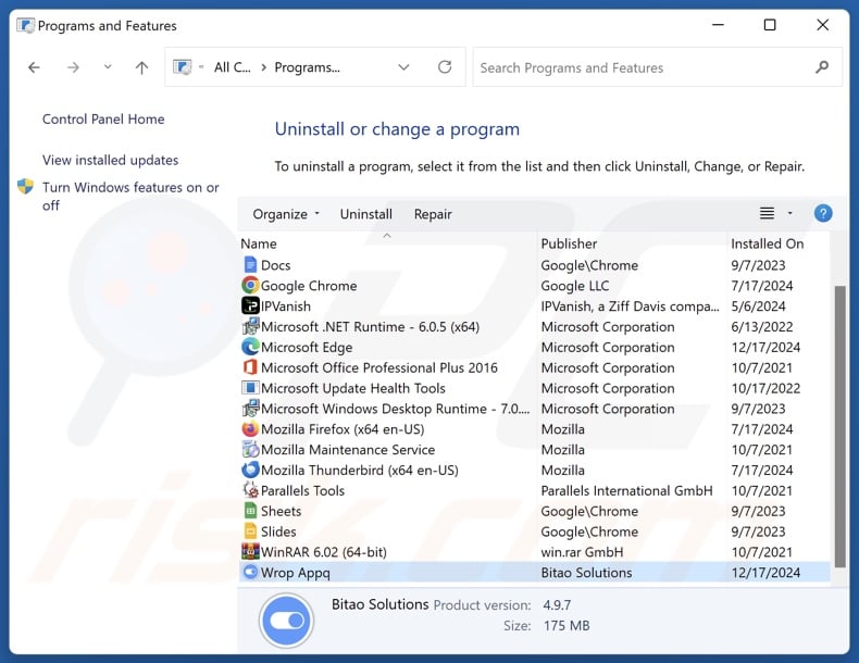 Disinstallazione di Wrop Appq tramite il Pannello di controllo