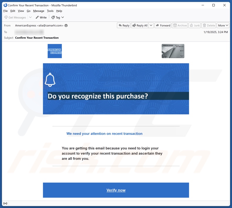 American Express - Unrecognized Transaction campagna di spam via e-mail