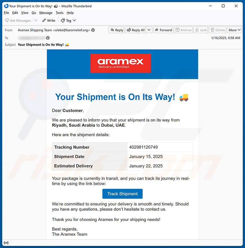 Email di spam a tema Aramex (2025-01-16)