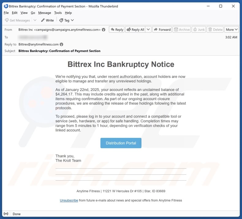 Bittrex Inc Bankruptcy Notice campagna di spam via e-mail