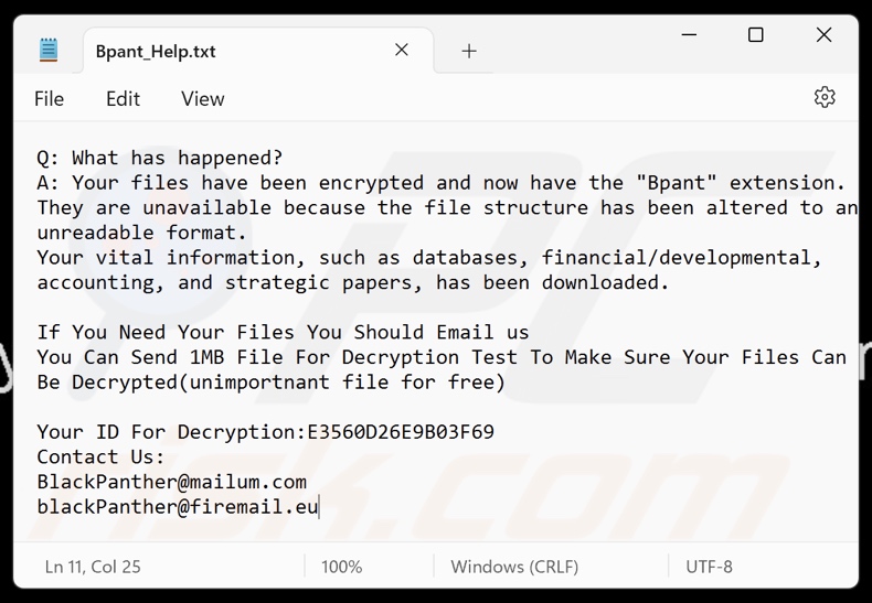 BlackPanther ransomware nota di riscatto (Bpant_Help.txt)