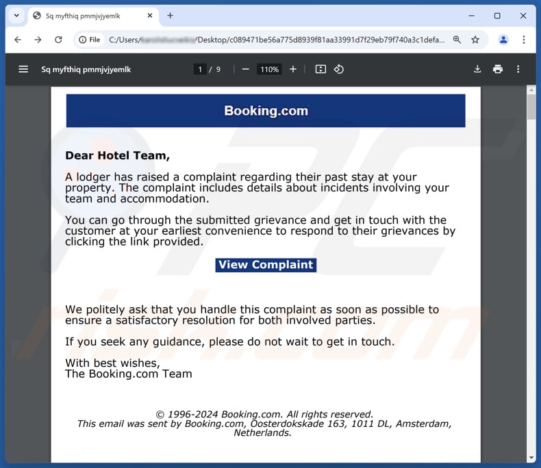 Booking.com campagna di spam via e-mail