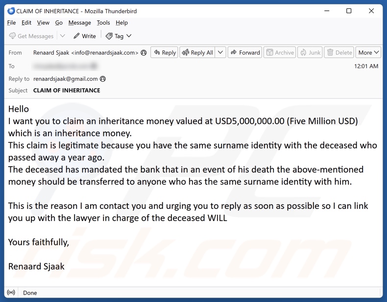 Claim Inheritance Money campagna di spam via e-mail