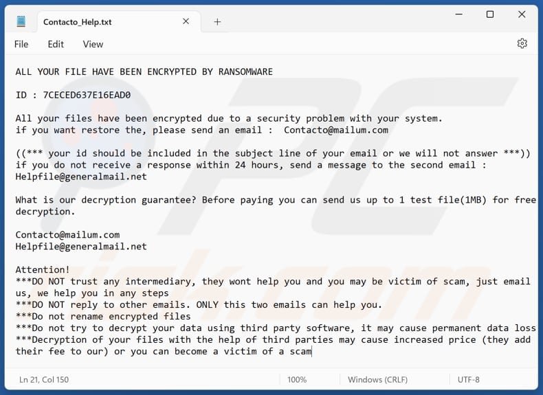 Contacto ransomware file di testo (Contacto_Help.txt)
