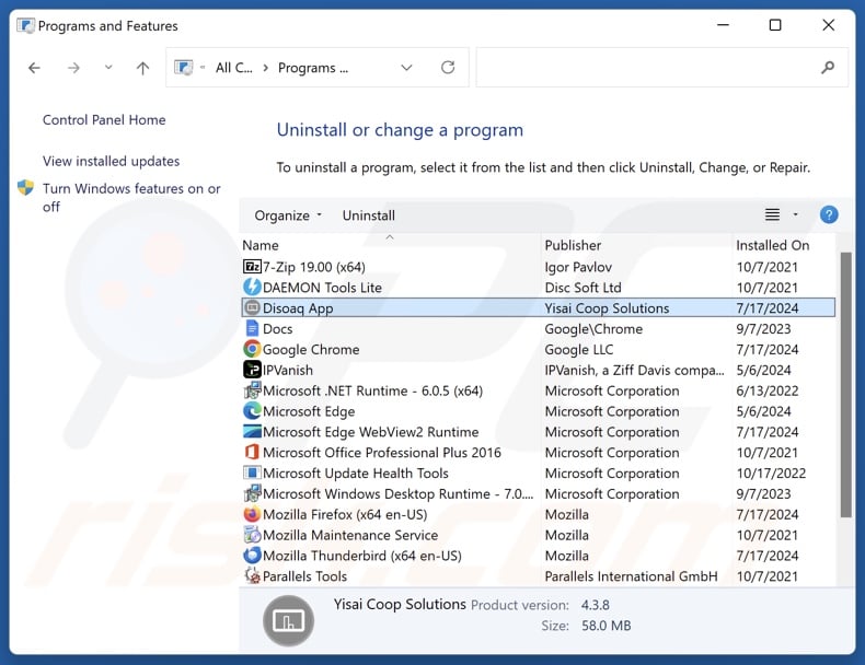 Disoaq App disinstallare via Control Panel