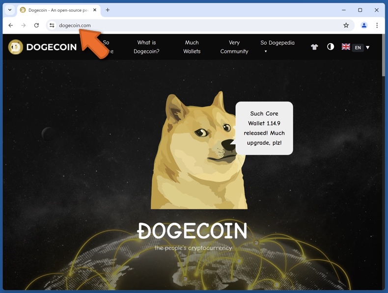 L'aspetto del vero sito web di Dogecoin (dogecoin.com)