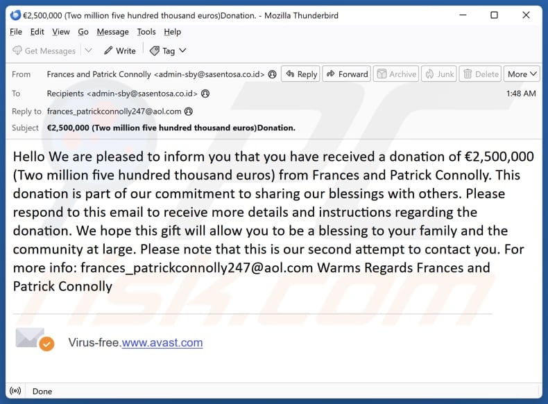 Donation From Frances and Patrick Connolly campagna di spam via e-mail