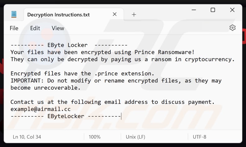 EByte Locker file di testo ransomware (Decryption Instructions.txt)