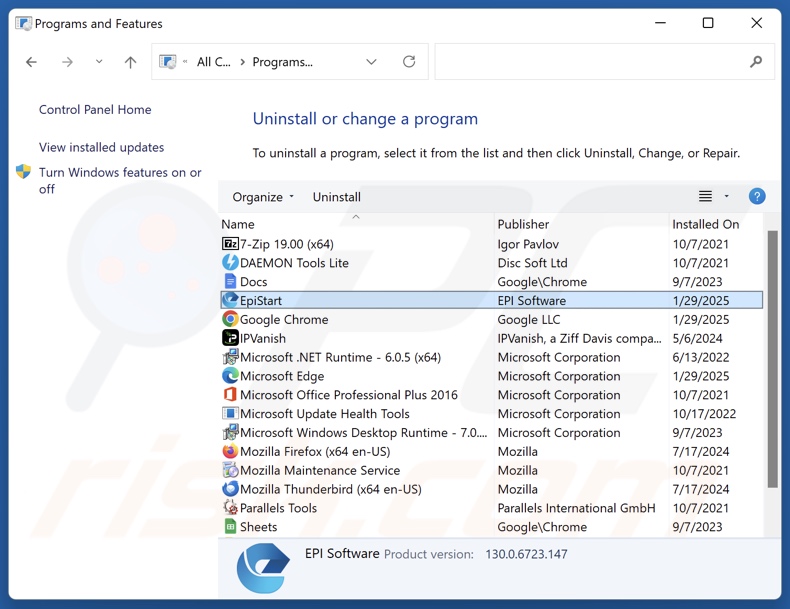 EpiStart (EpiBrowser) disinstallare via Control Panel