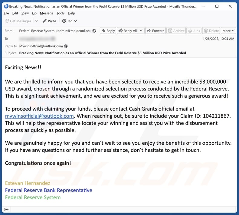 Federal Reserve Award campagna di spam via e-mail