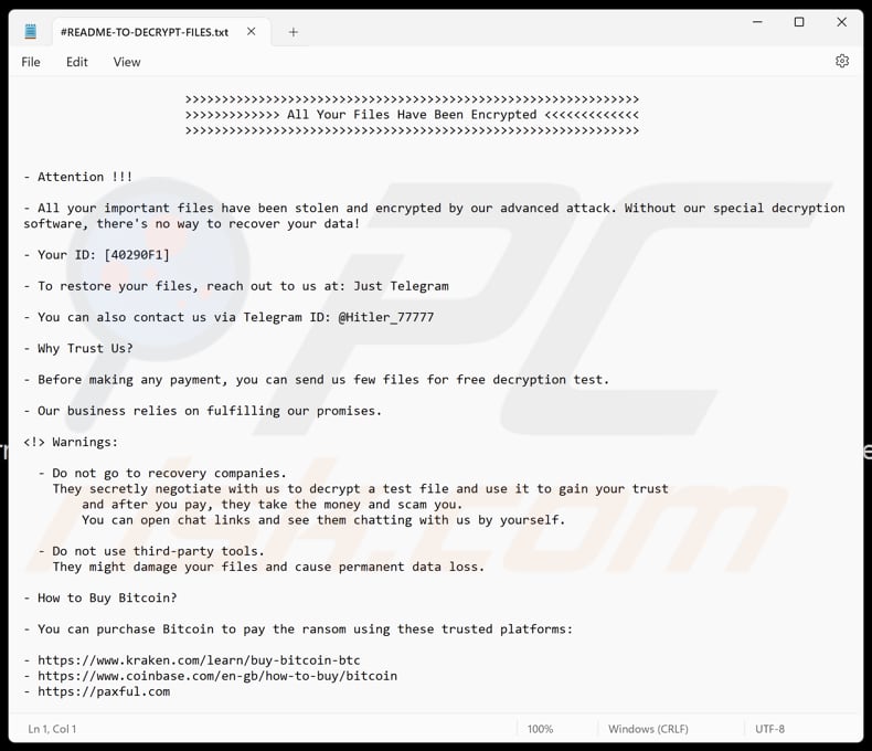 Hitler_77777 ransomware file di testo (README-TO-DECRYPT-FILES.txt)