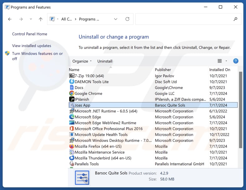 Joas App disinstallare via Control Panel