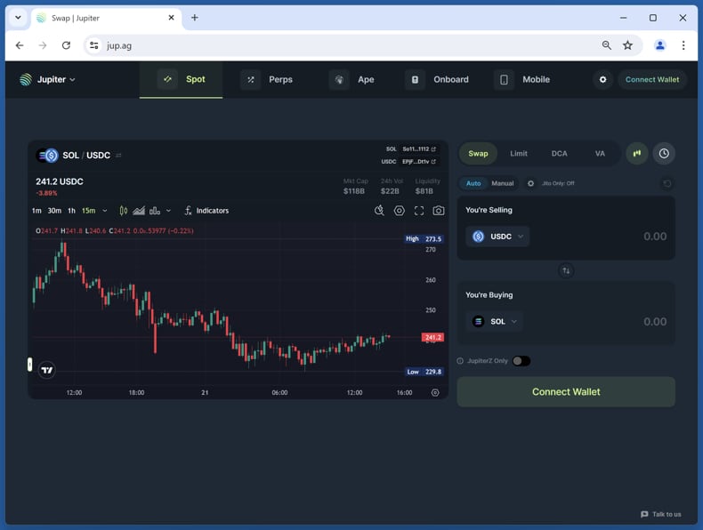 Jupiverse Wallet Connection reale website (jup.ag)