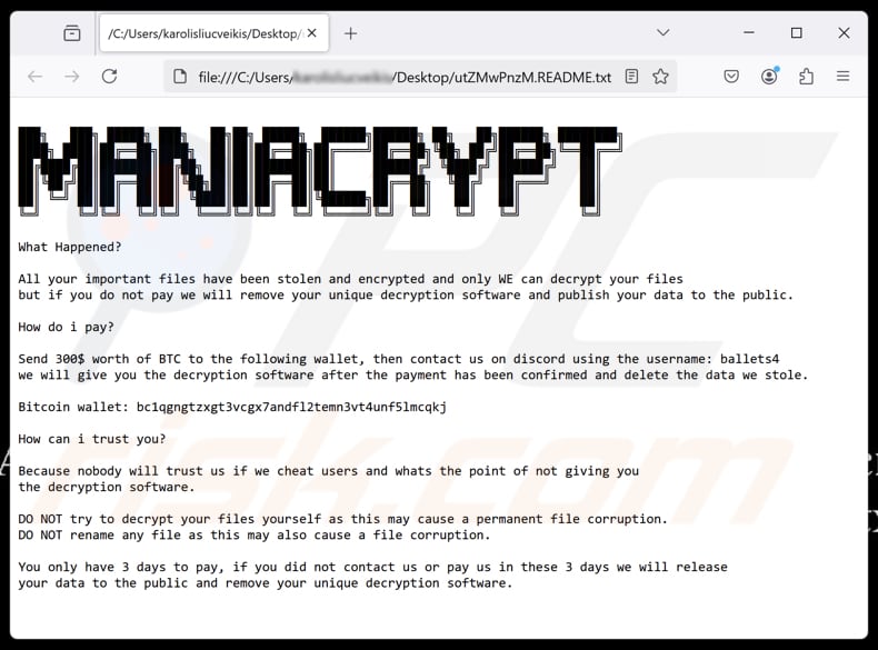 Mania Crypter file di testo ransomware ([random_string].README.txt)