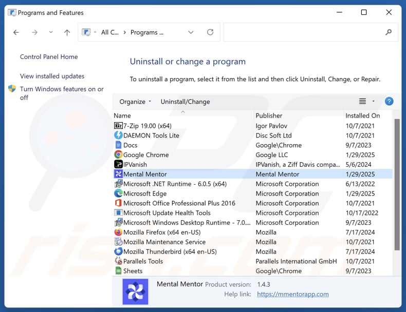 Mental Mentor disinstallare via Control Panel