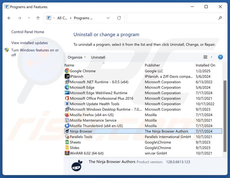 Ninja Browser si disinstalla tramite il Pannello di Controllo