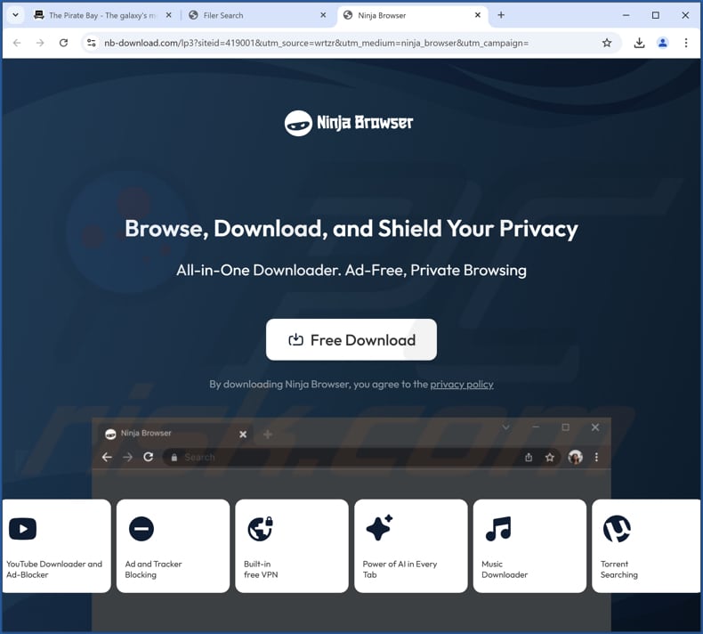 Sito web utilizzato per promuovere Ninja Browser