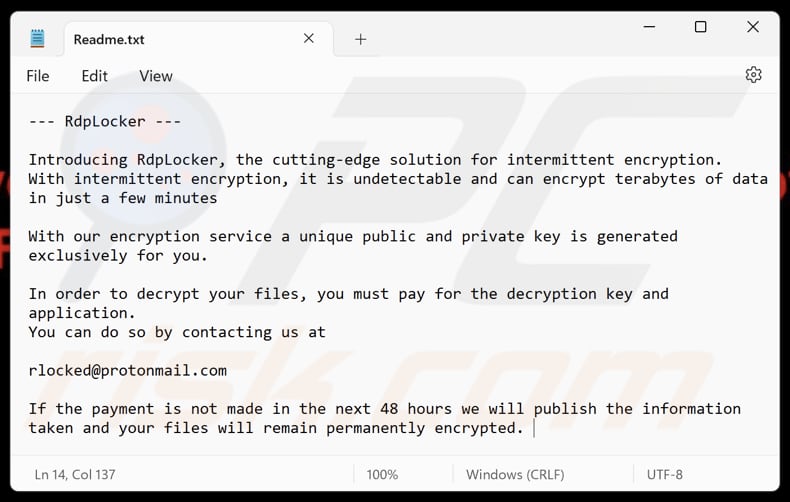 RdpLocker ransomware file di testo (Readme.txt)