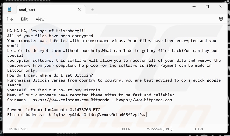 Revenge Of Heisenberg ransomware variante della nota di riscatto (read_it.txt)