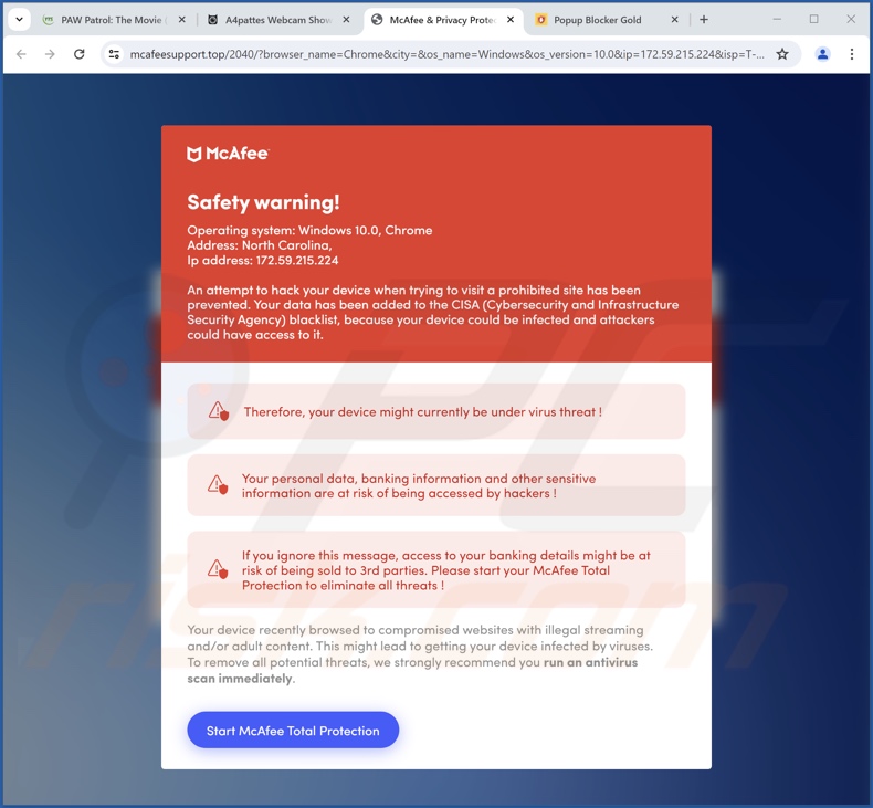 Safety Warning truffa (McAfee variante 2)