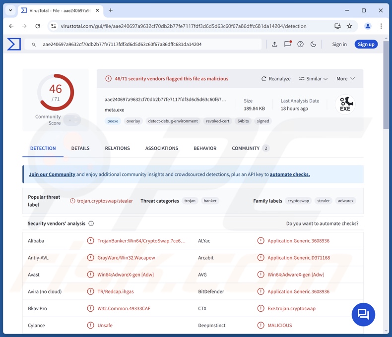 ScarletStealer rilevamenti di malware su VirusTotal