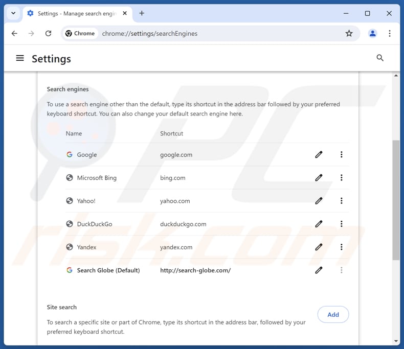 Rimozione di search-globe.com dal motore di ricerca predefinito di Google Chrome