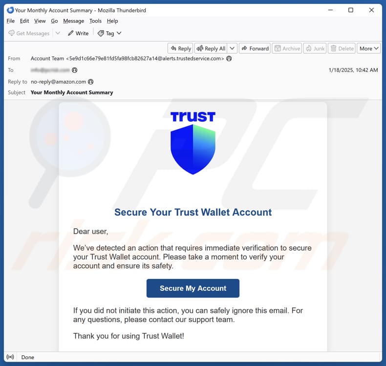 Secure Your Trust Wallet Account campagna di spam via e-mail