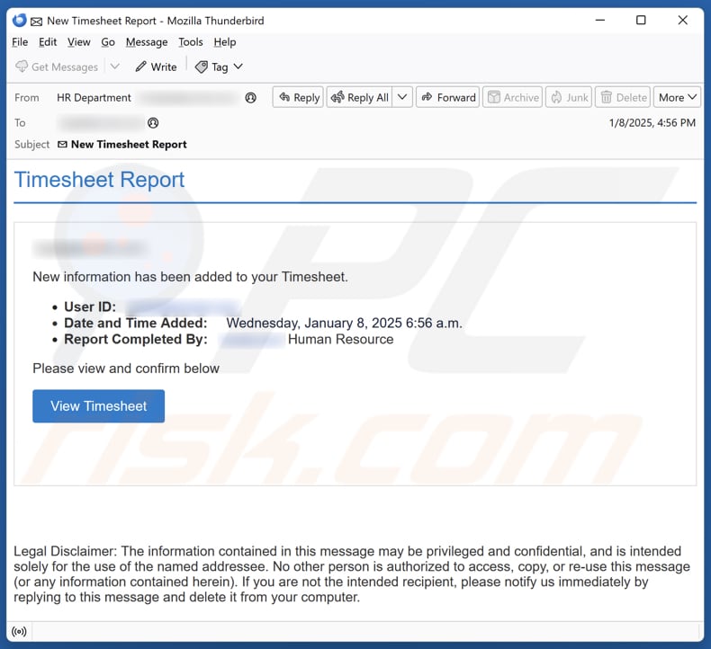 Timesheet Report campagna di spam via e-mail