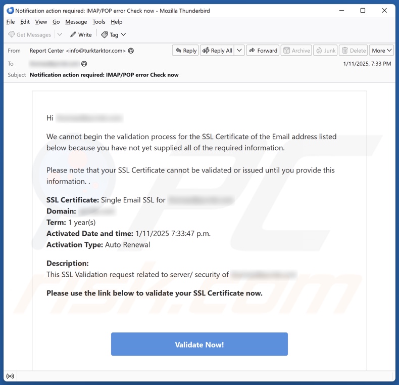 Validation Process For The SSL Certificate campagna di spam via e-mail