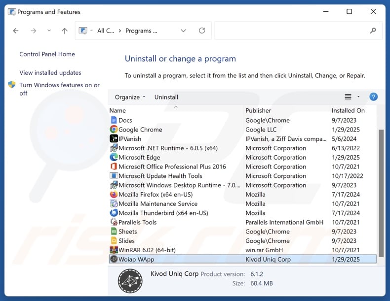 Woiap WApp disinstallare via Control Panel