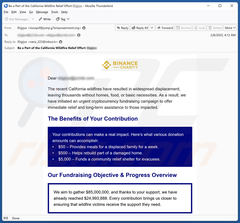 Binance Charity - California Wildfires Fundraiser campagna di spam via e-mail
