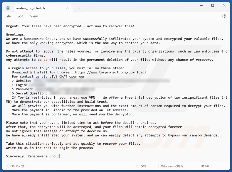 Cloak ransomware nota di riscatto (readme_for_unlock.txt)